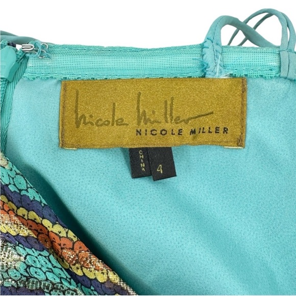 Nicole Miller Teal & Gold Embellished Silk Formal Evening Dress - Picture 7 of 8